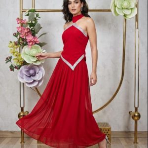 Desiretowear Elegant Red Halter Neck Party Gown