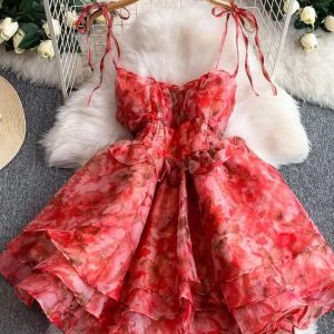 Women’s Red Floral Strapless Mini Dress