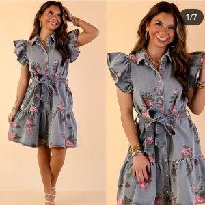 Desiretowear Women’s Floral Puff Sleeve Belted Mini Dress
