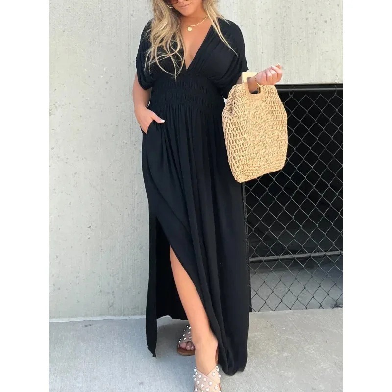 Fashion Bat-sleeved V-neck Slit Casual Dress with pockets - Image 4