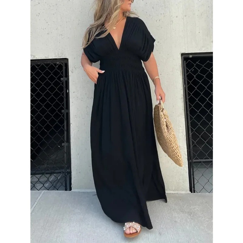Fashion Bat-sleeved V-neck Slit Casual Dress with pockets - Image 7
