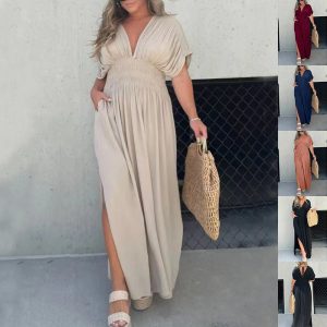 Fashion Bat-sleeved V-neck Slit Casual Dress with pockets