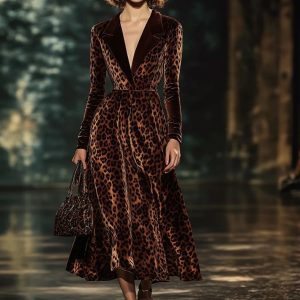 Retro Velvet Leopard-Print Colorblock Lapel Dress