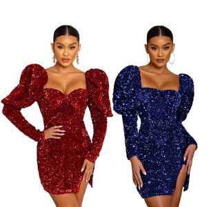 Sequin Backless Padded Shoulder Bubble Sleeve Party Wear Dresses For Women