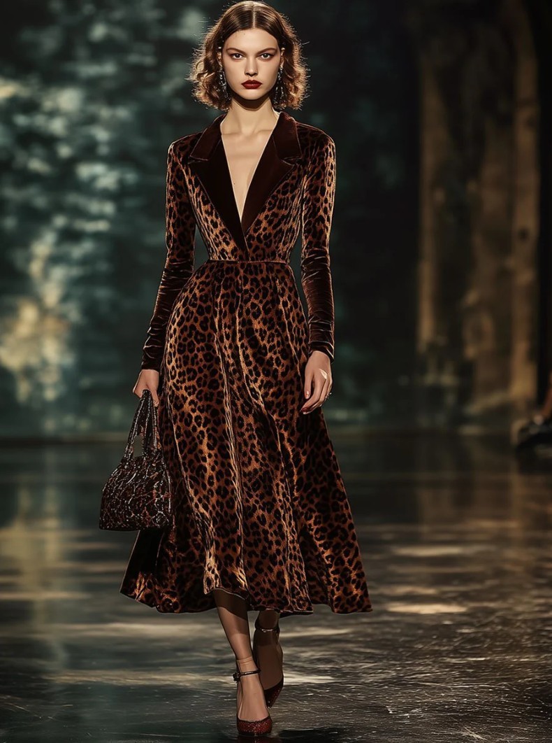 Retro Velvet Leopard-Print Colorblock Lapel Dress - Image 3