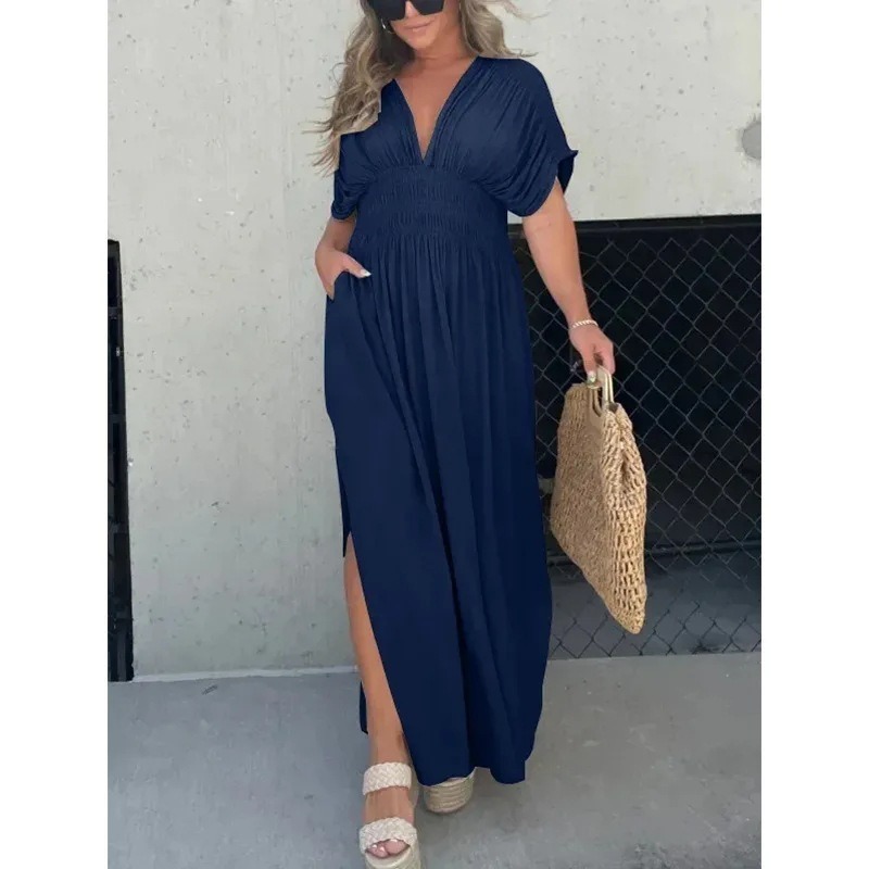 Fashion Bat-sleeved V-neck Slit Casual Dress with pockets - Image 5