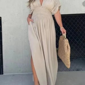 Fashion Bat-sleeved V-neck Slit Casual Dress with pockets