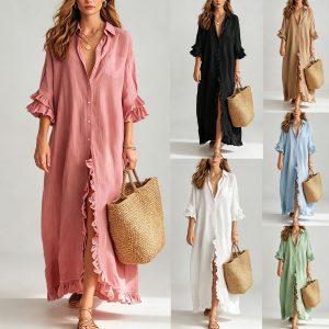 Womens Five-quarter-sleeve Shirt-style Dress With A Row Of Buttons And A Lapel Collar