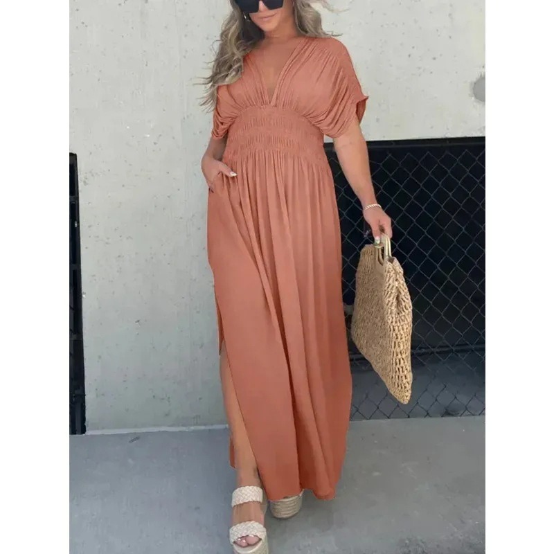 Fashion Bat-sleeved V-neck Slit Casual Dress with pockets - Image 8