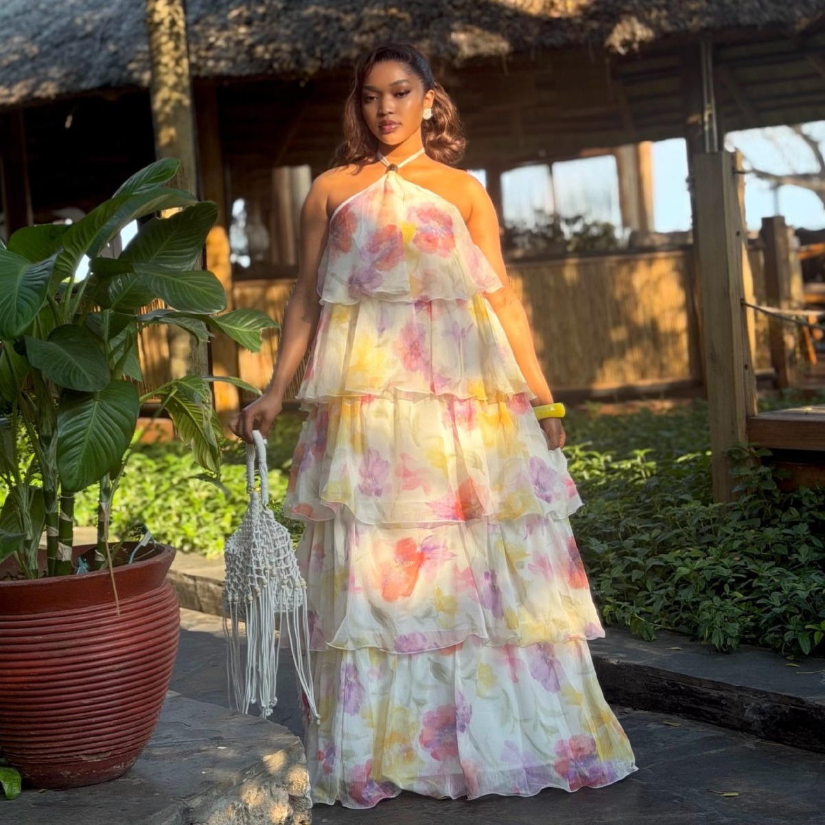 Printed Strapless Flounce Maxi Slip Dress