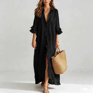 Womens Five-quarter-sleeve Shirt-style Dress With A Row Of Buttons And A Lapel Collar