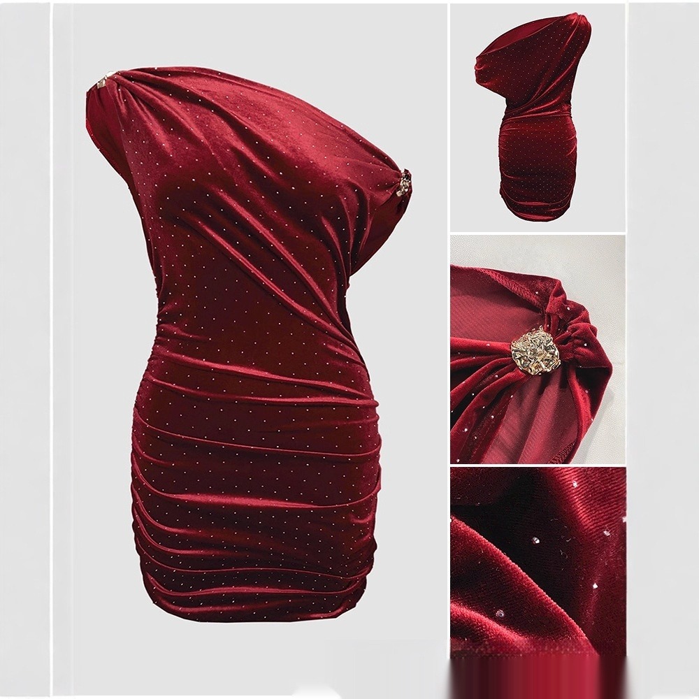 Velvet Rhinestone Embellished One Shoulder Mini Dress - Image 7
