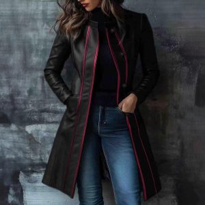 Retro Black Collar Leather Trench Coat