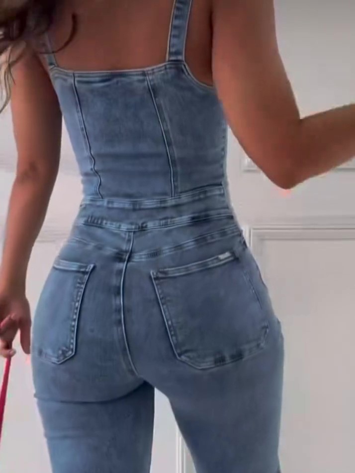 Sleeveless Paneled Zipper Denim Jumpsuit - Image 4