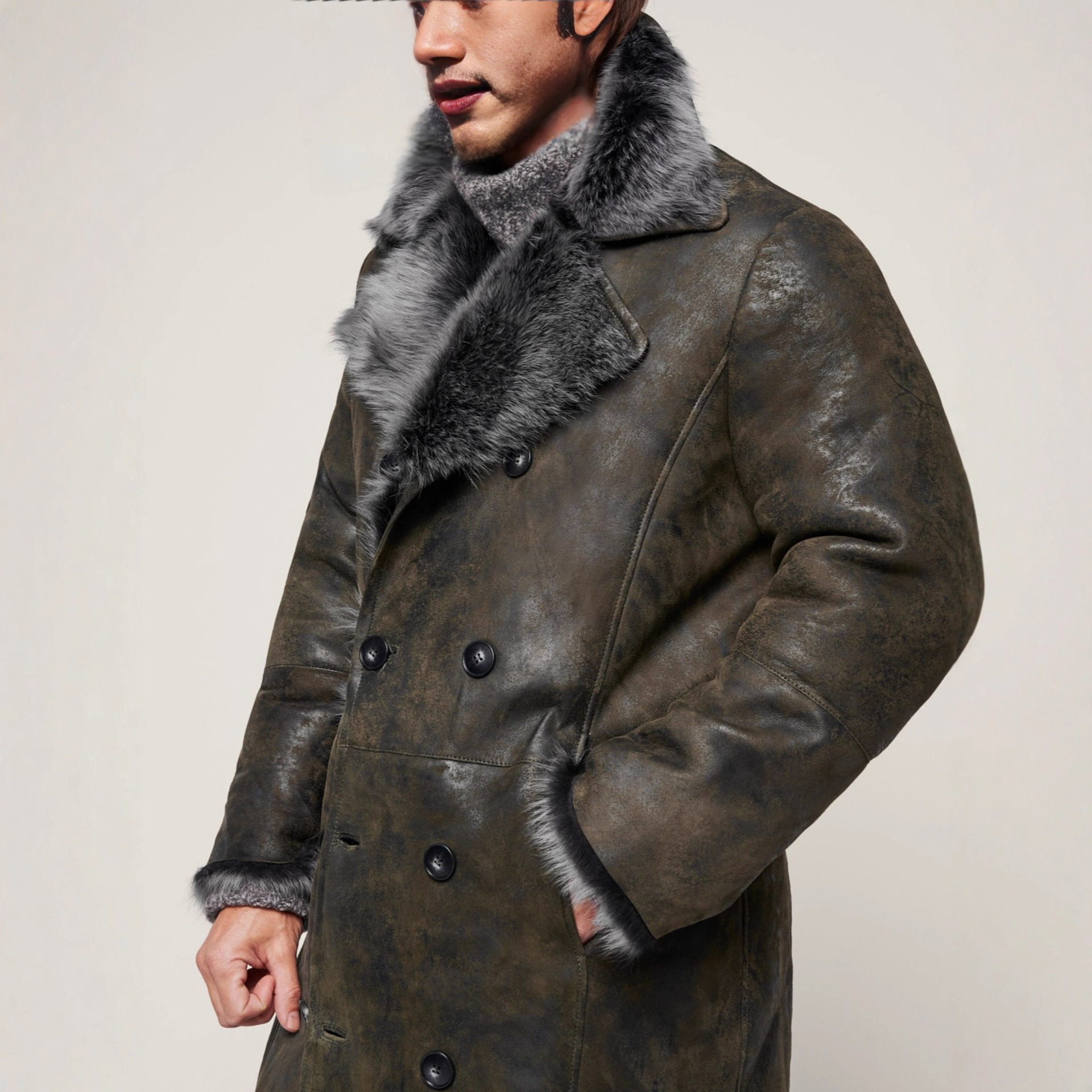 Double-breasted Wide Lapel Long-haired Men's Long Fur Coat - Image 2