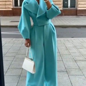 Sky Blue Clour High Waist Pants Suit