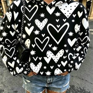 Women Heart Star Print Long Sleeve Casual Pullover Sweatshirt