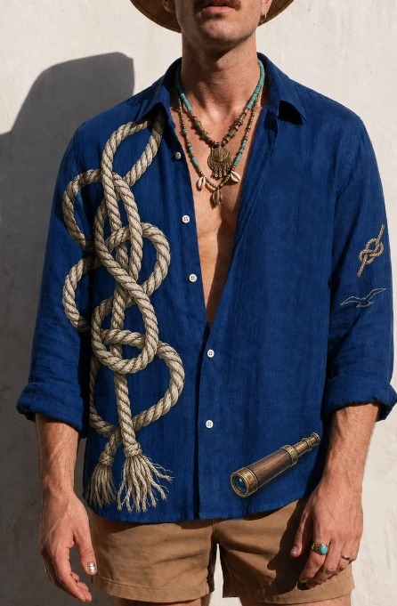 Nautical Rope & Anchor Print Oversized Men's Shirt