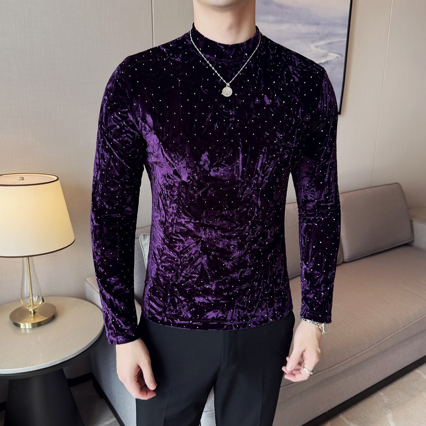Velvet Half-High Collar T-Shirt - Image 5