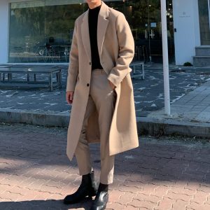 Mens Long Trench Wool Coat Casual Outerwear