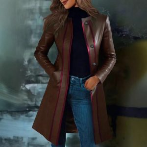 Retro Black Collar Leather Trench Coat
