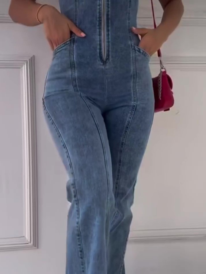 Sleeveless Paneled Zipper Denim Jumpsuit - Image 2