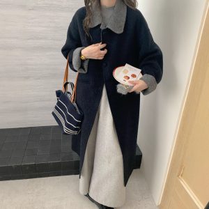 Wool Coat For Women With A Doll Collar And Color-block Design