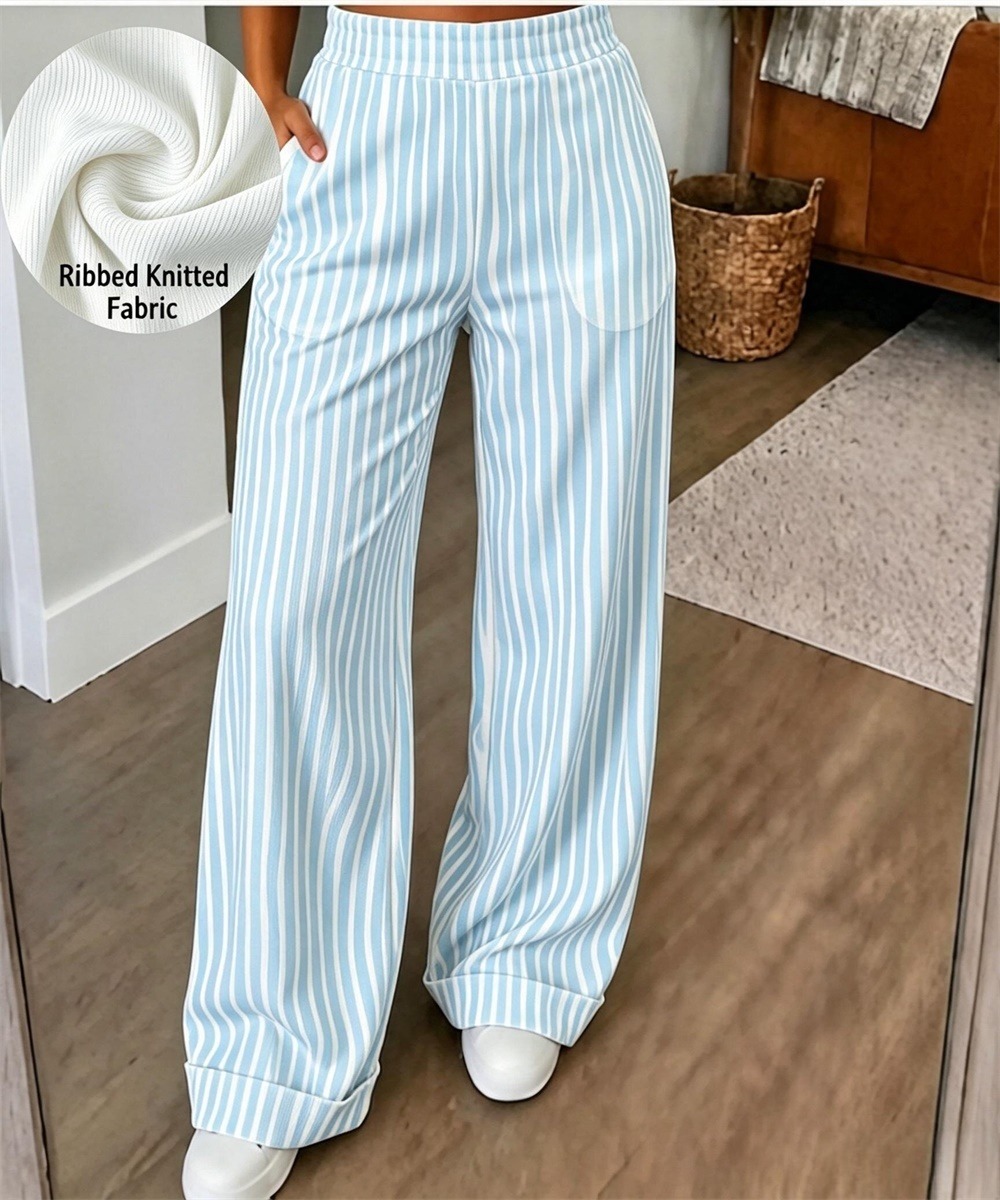 Women's Vertical Stripe Ribbed Wide Leg Pants - Image 2