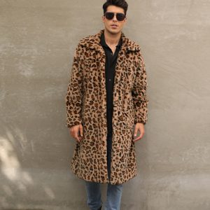 Men’s Square Collar Imitation Fur Long Coat Overcoat