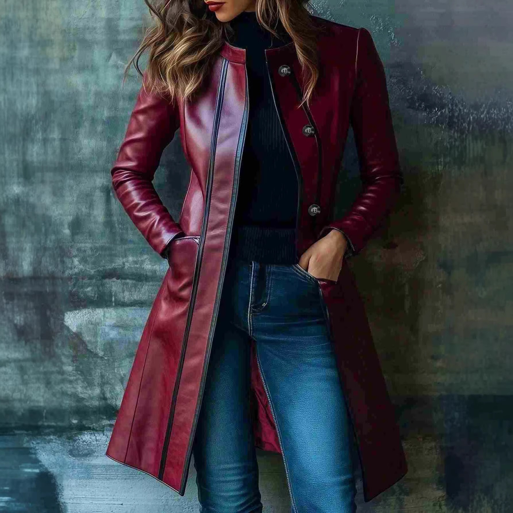 Retro Black Collar Leather Trench Coat - Image 3