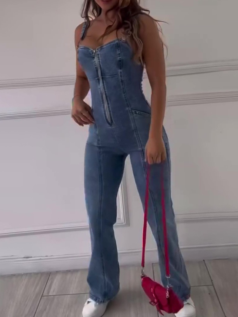 Sleeveless Paneled Zipper Denim Jumpsuit - Image 6