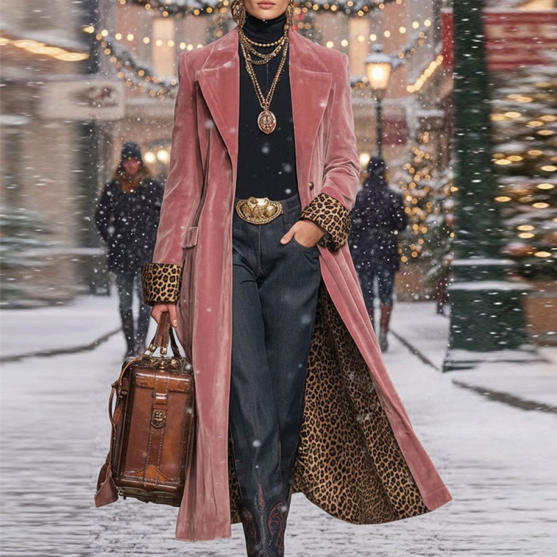 Women Lace Gold Velvet Long Coat - Image 3