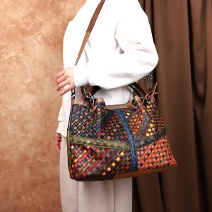 Vintage Full-grain Leather Woven Crossbody Bag For Women