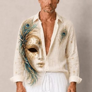 Venetian Mask & Peacock Feather Print Oversized Shirt