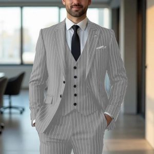 Black Vertical-Stripe Mens Formal Suit