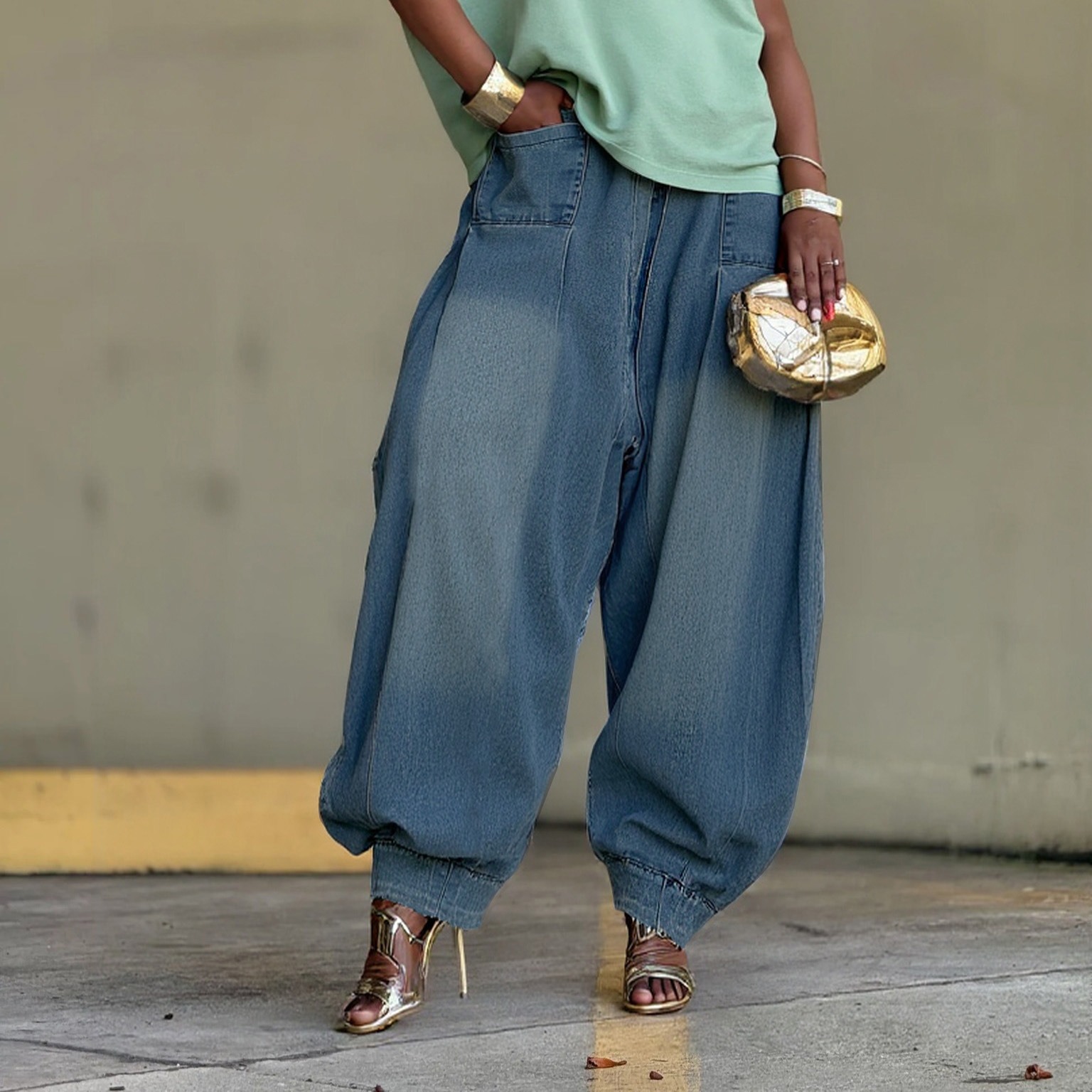 New women Casual Elastic-waist Harem Wide-leg Flared Denim Jeans