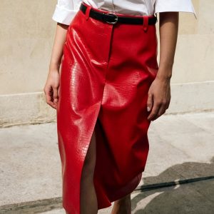 women Faux Leather Front Slit Midi Skirt