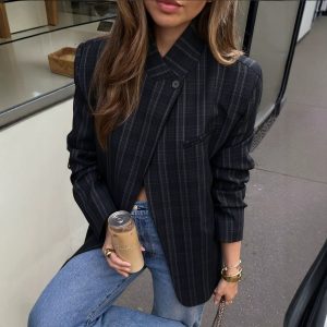 Women’s Retro Plaid Stand-Collar Blazer