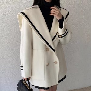 Navy Collar Double-breasted Loose Casual Faux Cashmere Plush winter Coat For Women