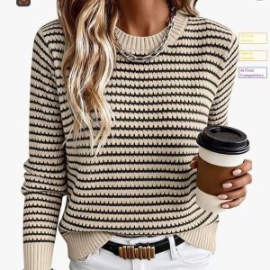 Women Round-neck Striped Knit Sweater
