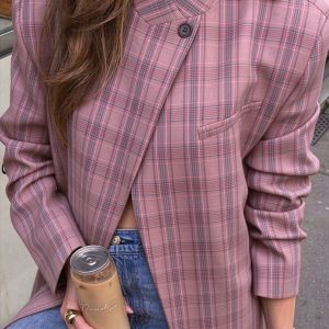 Women’s Retro Plaid Stand-Collar Blazer