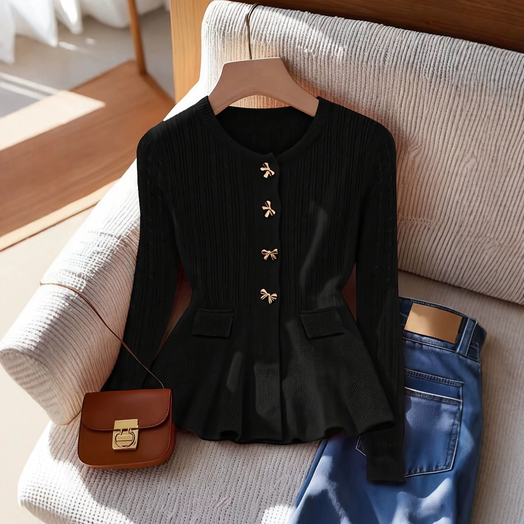 Round-neck Knitted Waist-cinching Cable-knit Coat With A Bow