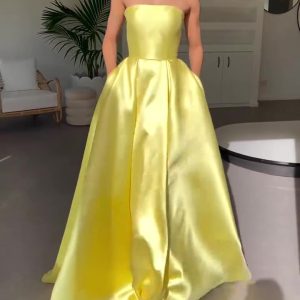 Strapless Pleated Satin Ball Gown With Side Pockets party wear dress