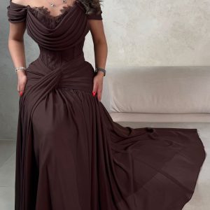 Coffee colour Off-the-Shoulder Draped Chiffon & Lace Ruched Maxi Dress