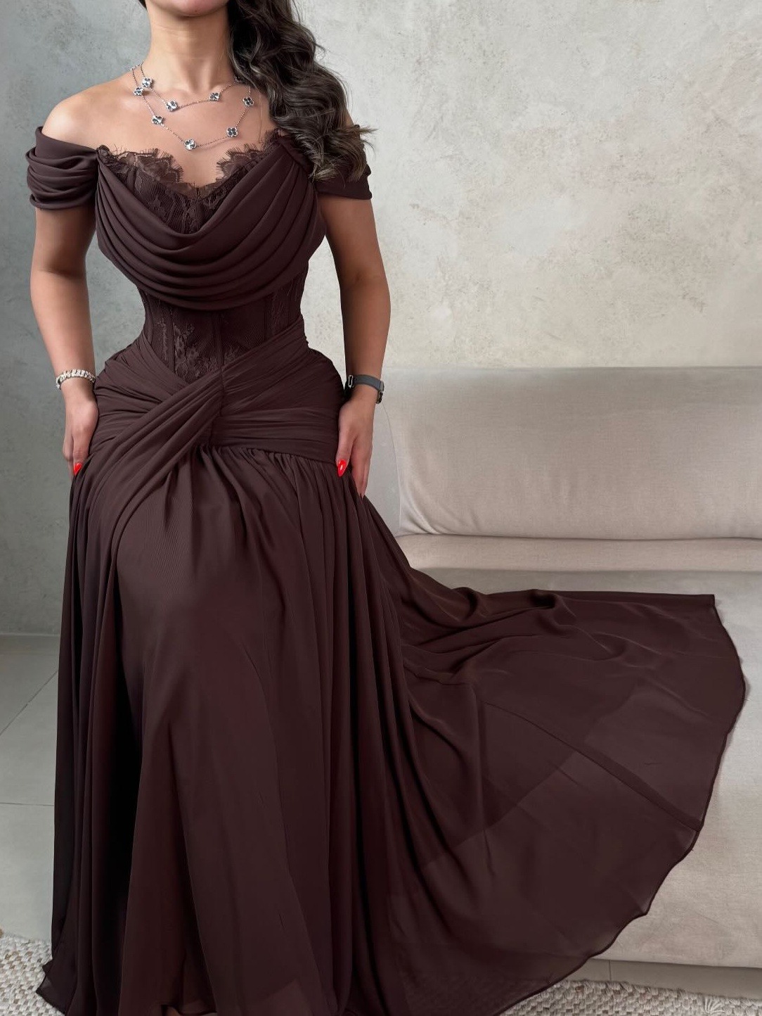 Coffee colour Off-the-Shoulder Draped Chiffon & Lace Ruched Maxi Dress - Image 2