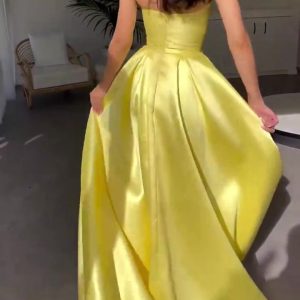 Strapless Pleated Satin Ball Gown With Side Pockets party wear dress