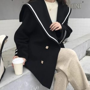 Navy Collar Double-breasted Loose Casual Faux Cashmere Plush winter Coat For Women