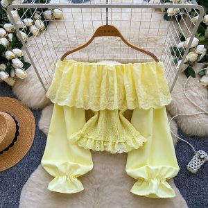 Sweet-style Off-shoulder Shirt style women’s Top