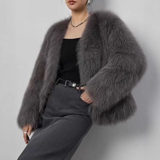 women Short Faux Fur Coat With A V-neck