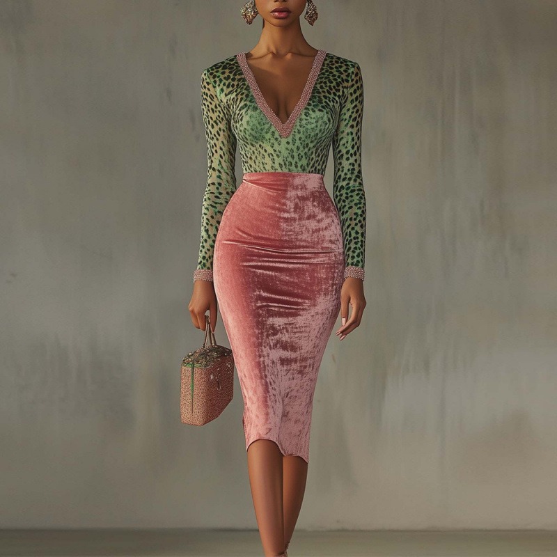 Gold Velvet High Waist winter wear Dress For Women
